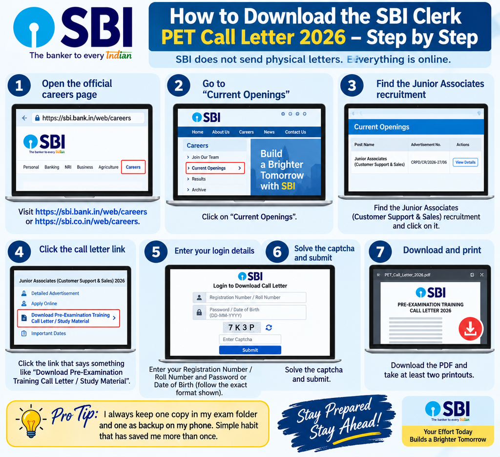 SBI Clerk PET कॉल लेटर डाउनलोड करने की प्रक्रिया